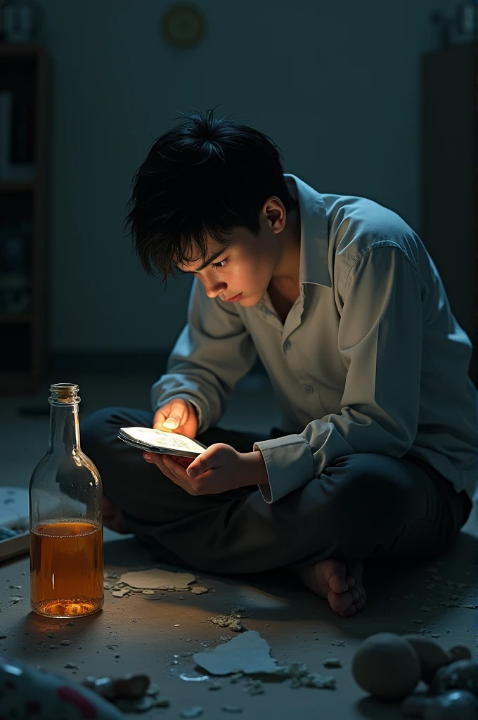 A boy who has lost his love calls his girlfriend but looks at the phone sadly because he is busy and cries. There is also a half-empty bottle of alcohol next to him.