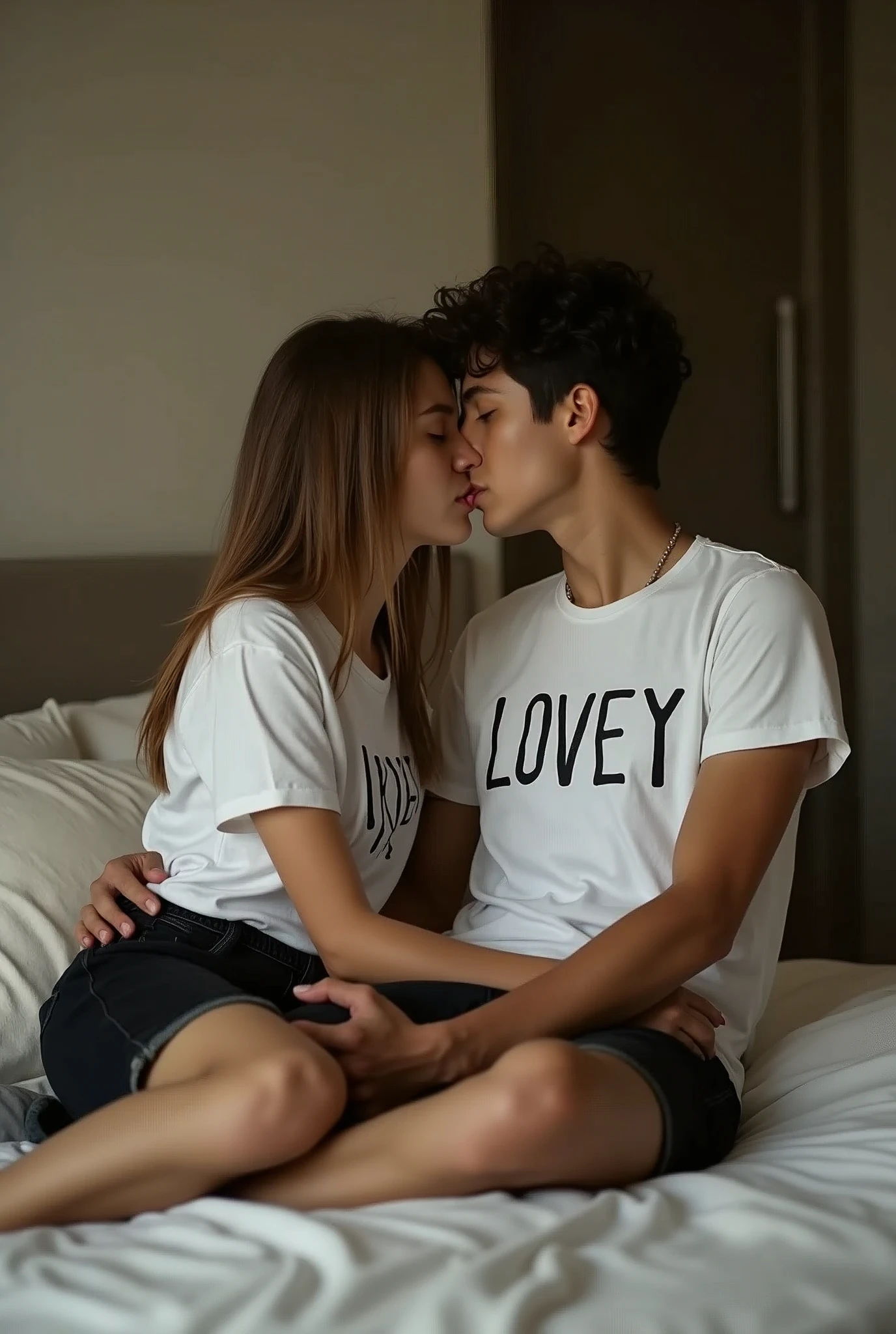 crete real image where A 24 year old boy wears black dress  and a 23 year old girl wears white T-shirt and shorts. Lovely is written on the girl's t-shirt and Rupesh is written on the boys t-shirt. Girl sleeping  in bedroom and boy kiss  girl boobs