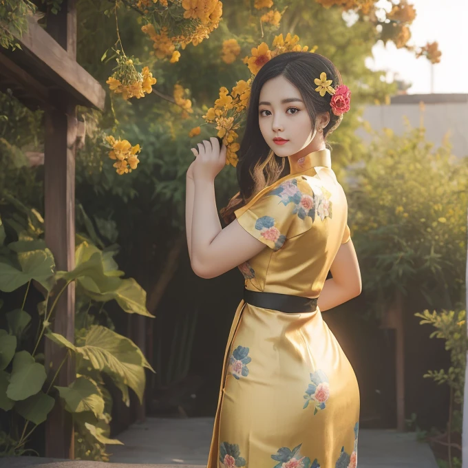 a beautiful girl in vintage colors aodai, masterpiece ,(Dye painting) ( Black+yellow 💛 color dress ) wrapped in a large flower print( flower silk ..... with ) best quality, realistic:1.3, street, cyberpunk, holding bundle of adubon sunlight, backlighting, (well pper Adhere to clear natural light hdr))full budy, big ass (Remove extra limbs, remove accurately) intricate scene, artstation, intricate details, vignettefulbudy(cartoon)