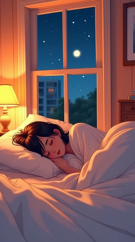Woman sleeping in bed、20th Generation、Cute sleeping pose、The room is cute.、It&#39;s night outside、Hair is semi-long、The futon is white、Orange indirect lighting、American comic style