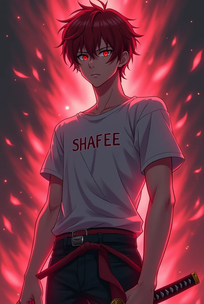 Anime boy dark red mixing hair, katana pose, wearing a t-shirt "SHAFEE" written in the tshirt myth, age 17 , shining red eyes, aura infinity, handsome