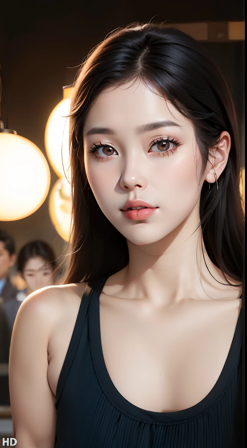 A realistic photo of one cute Korean star, hair behind the ear, White skin, light makeup, Chest size 32 inches, wearing a tank top, Mart, night, Crowded, close-up portrait, uhd