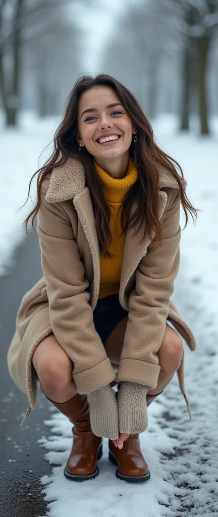 (32K:1.9, Highest quality, masterpiece, Ultra-high resolution), Perfect dynamic composition, Highly detailed skin and facial textures:1.3, Detailed eyes, Detailed limbs, Winters, it's snowing:1.2, country road in snowy country:1.2, One Girl, Cute and sexy slim 22 year old woman, Fair skin, Tilt your head, ((Laughter:0.9, Totally captivates you:0.9)), (Duffle coat over yellow-green long-sleeved turtleneck sweater:1.4, High Waist Mini Skirt:1.1), ((Ample breasts:0.9)), short boots, (Look forward, Bend your knees and squat), (Beautiful Blue Eyes, Beautiful erotic eyes:0.85), Sexy Face:0.4, (A taste that exudes beautiful eroticism:0.85), ((Too cute beauty:0.9))