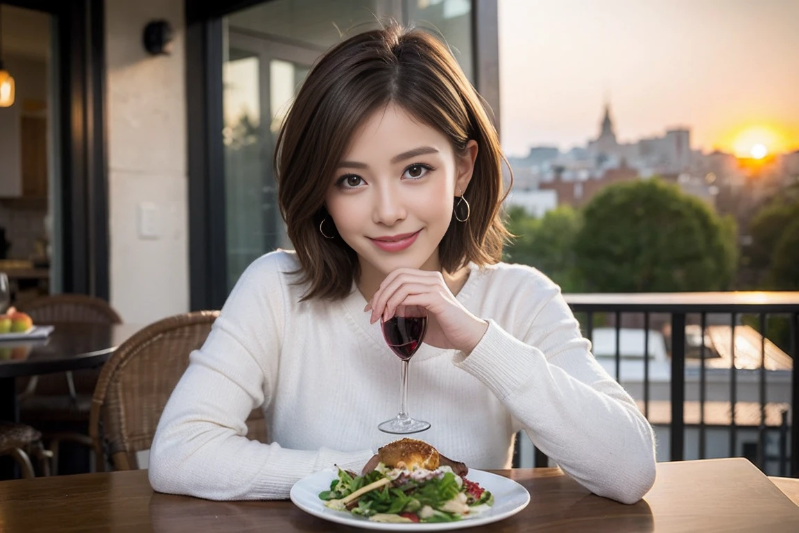 (Realistic:1.1),(masterpiece,Highest quality),8k,(49 years old), 53 years old, ベリーslimボディ、slimカップル、Tight waist,Upper Body,full-course dinner、wine 、Amazing view of the sunset sky and clouds、Perfect Anatomy, Brown Hair, short hair,Random Hairstyles,((Highly detailed face and eyes:1.2)),Perfect golden ratio face,Long sleeve shirt、dress,(smile:1.2)、Shortcuts、cute、(Realistic, Intricate details:1.2), A bright smile、short hair,Bright Face、赤wine 、Appetizers、Italian food、wine bottle、Champagne、スパークリングwine、(slimな顔), (The body is slim), (Brown Hair), (Shortcuts), Upper Body, 白wine, slim, wineグラス,