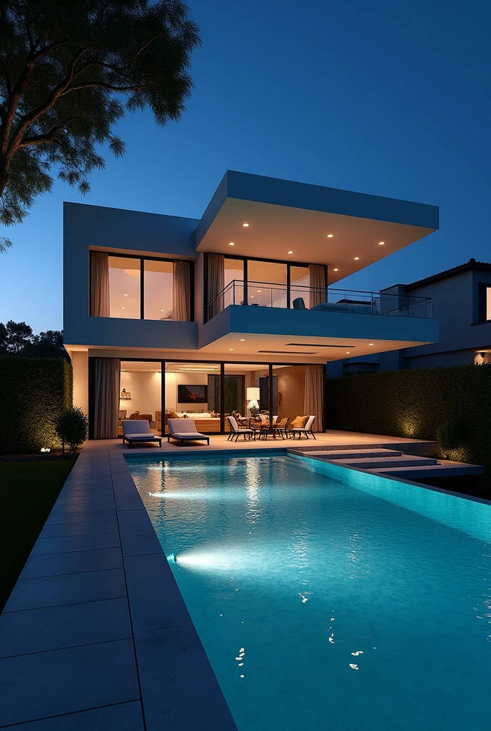 2-story house in a residence with a hanging pool at night