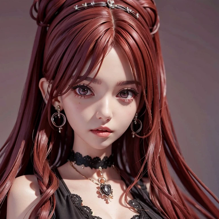 Gothic Fashion、20-year-old woman、8k、high resolution、Detailed clothing、3D Anime Style、Red curly hair、Big dark eyes、High resolution, Very long hair, masterpiece, Earrings, Open your mouth a little, Character portrait,