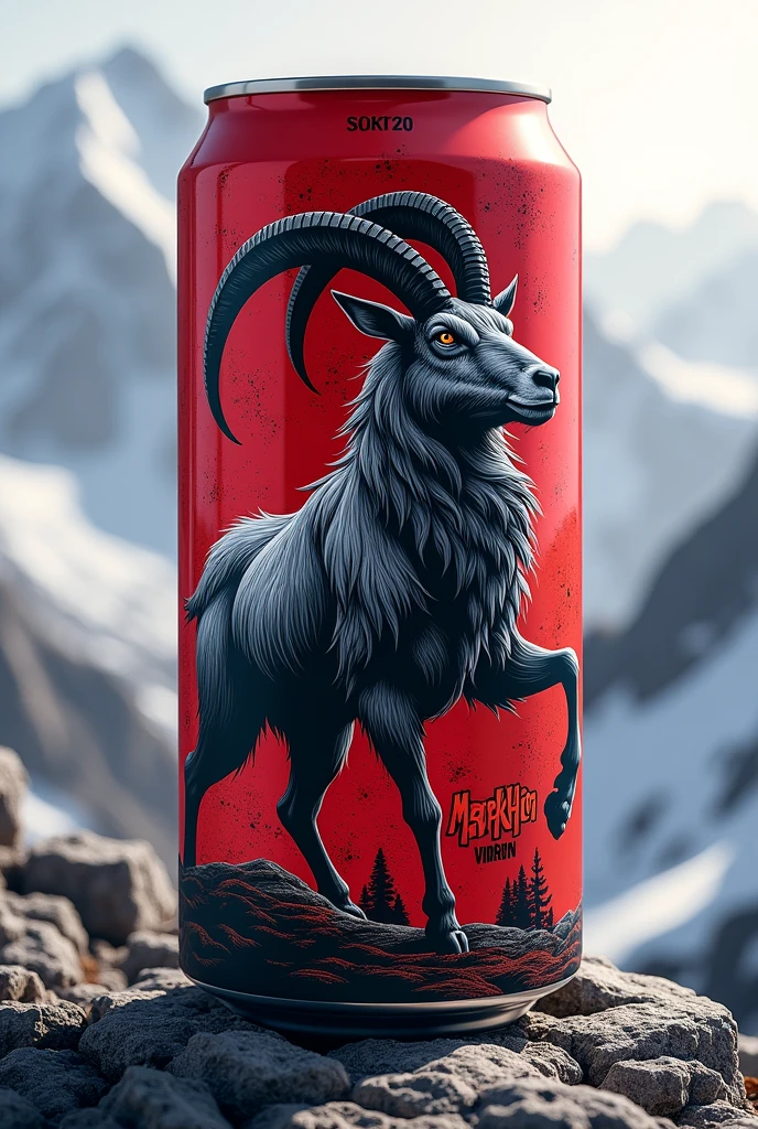 Create me an energy drink can design with brand name markhor add little bit mountains and markhor logo and use red and black colour 