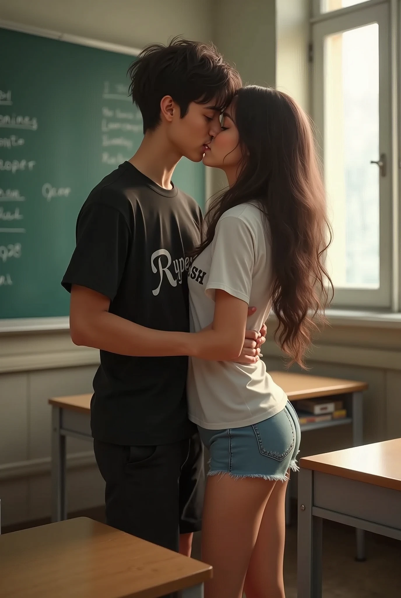 crete real image where A 24 year old boy wears black dress and a 23 year old girl wears white T-shirt and shorts. Lovely is written on the girl's t-shirt and Rupesh is written on the boys t-shirt. both are french kiss in the classroom