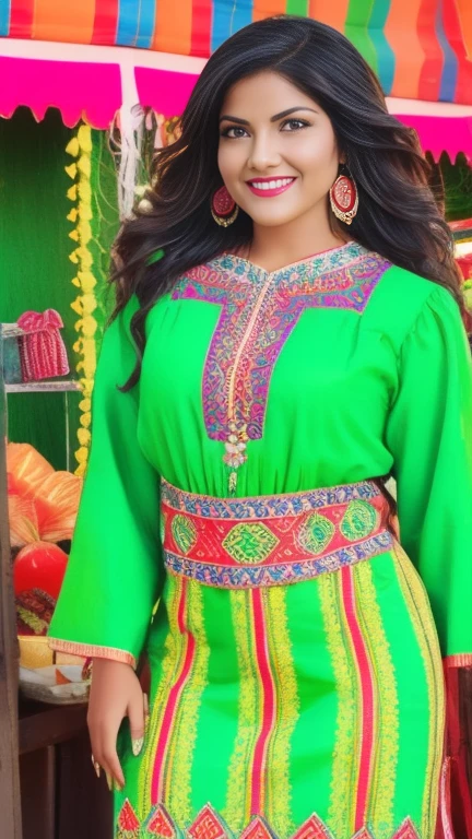 Mexican woman, 30 years old, cabello ondulado, piel morena, ojos oscuros, smile, ropa de negocio mexicana, vestido de charro, realista, con fondo en un marketplace vibrante, 8k super realista, detallada y realista. (A 30-year-old Mexican woman, wavy hair, tanned skin, dark eyes, smiling, wearing traditional Mexican business attire, vibrant marketplace background, high-quality and realistic.)