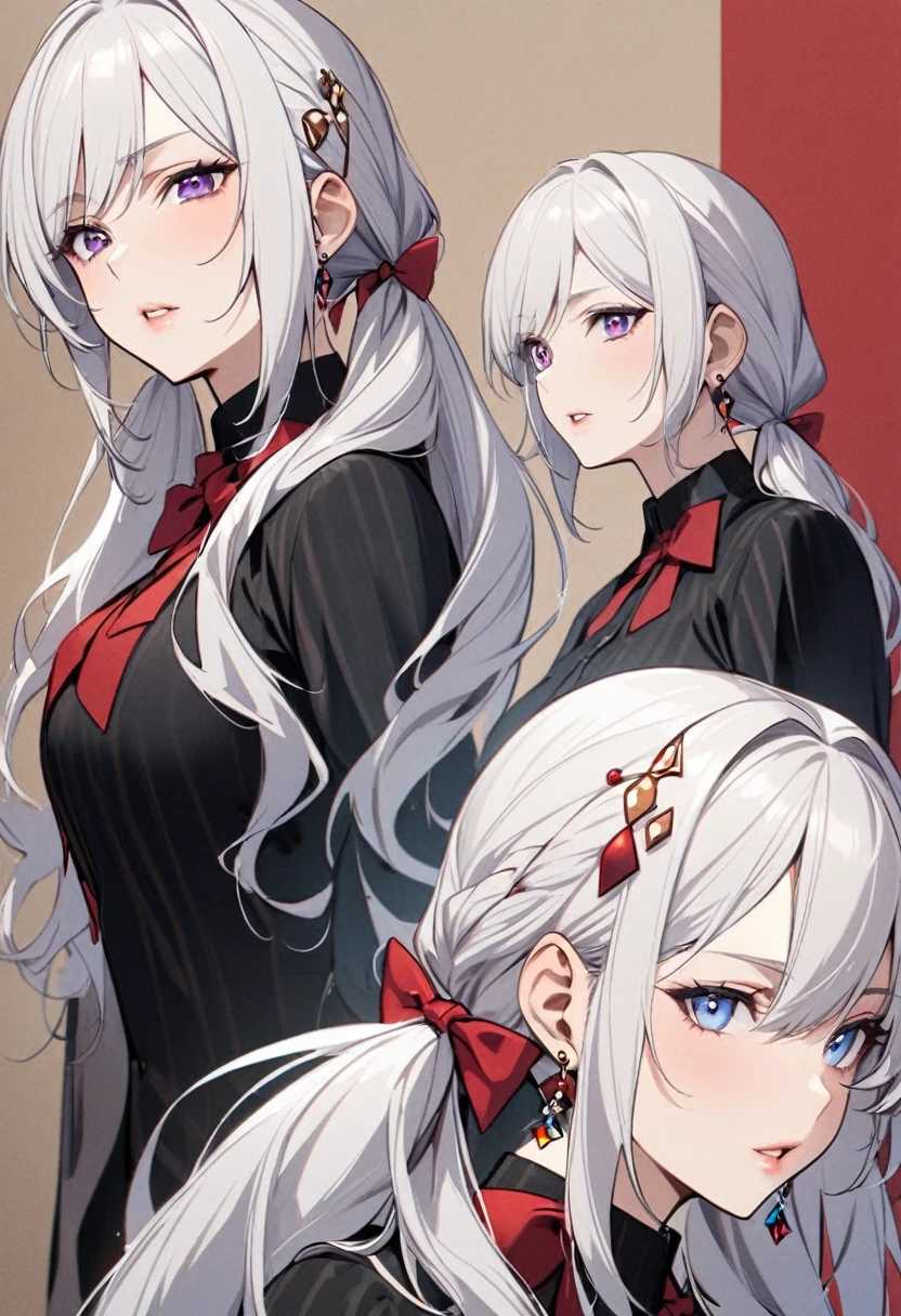 girl, mature, white hair, diamond earings, long hair, low twin tails, red bow on hair, two color eyes, one blue eye, one purple eye, adult