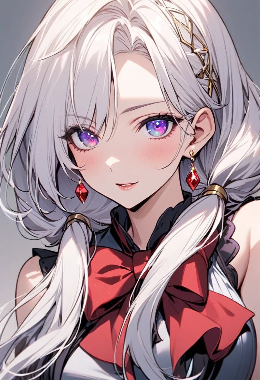 girl, mature, white hair, diamond earings, long hair, low twin tails, red bow on hair, two color eyes, one blue eye, one purple eye, adult