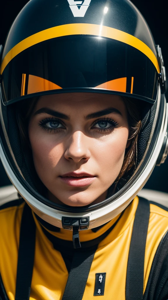 Close-up of a woman wearing a helmet，as well as, 2 0 2 1 Movie 4k frame grab, Barbarela, author：Anna Katharina Bullock, Fighter pilot in cockpit, Moody : : Wes Anderson, Retro Photography, Angry gorgeous woman, The Sixties, hurry up, Won the CGsociety, Pompadour style, Nazca, Photography 2015  