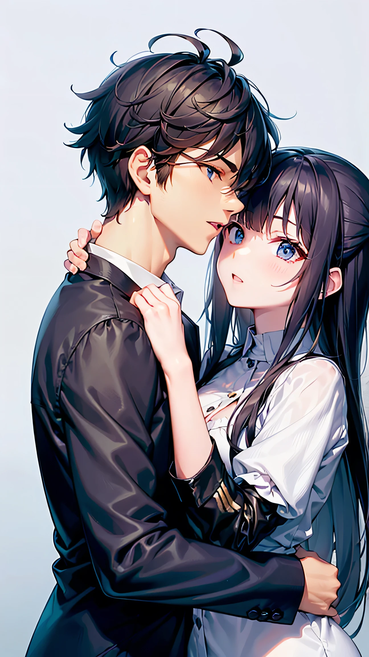 Anime handsome guy, , High resolution, Ultra Sharp, 8k, masterpiece, Very detailed, Highest quality, expressive brown eyes, Couple, Two people hugging each other、A woman has a smartphone、Woman in white dress、The man has his shirt buttons open、A man in a black suit and white shirt、Look straight ahead、The woman is 30 years old、The man's hair color is golden、The woman's hair is black、There are two of us.、The background is night、Men's hair is a little long、
