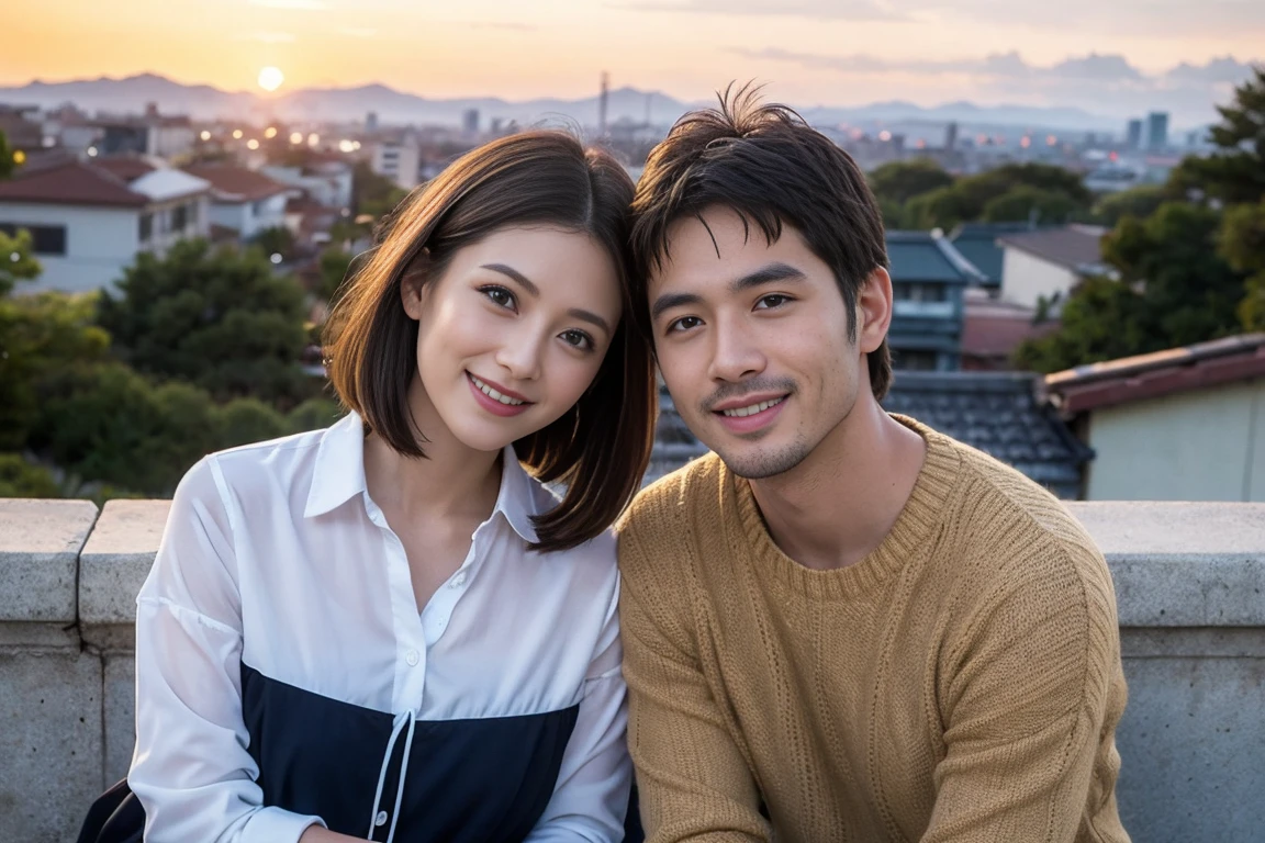 ((Highest quality、8k、masterpiece:1.3))、Izakaya、Japanese sake、Slim couple、Model Couple、(Realistic, Intricate details:1.2), Japanese sake、1 liter bottle、Japanese food、Soba、Japanese sake、Shochu 、Amazing view of the sunset sky and clouds、Bright smile、The beauty of a smile、Bright image、Beautiful Face, blue eyes, The light shines on your face, blush, short hair,Bright Face、 (Age 37), 39 years old, Brown Hair、Shortcuts、Long sleeve shirt、dress、Beautiful woman