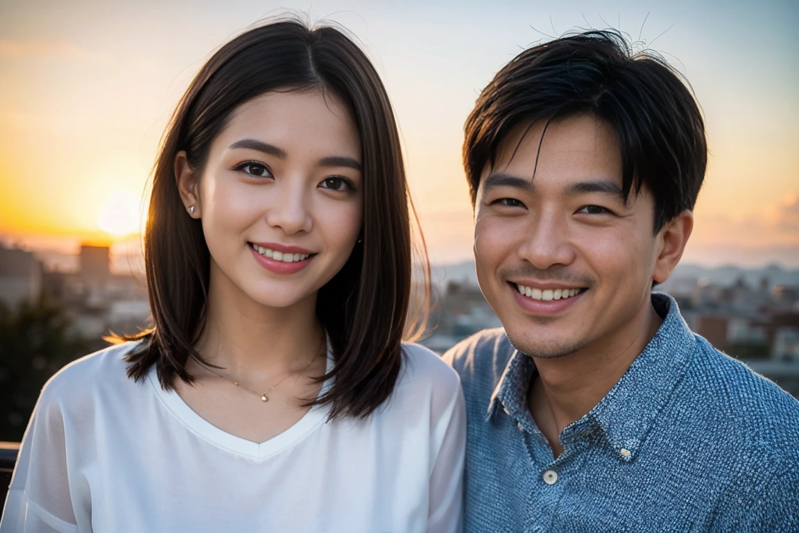 ((Highest quality、8k、masterpiece:1.3))、Izakaya、Japanese sake、Slim couple、Model Couple、(Realistic, Intricate details:1.2), Japanese sake、1 liter bottle、Japanese food、Soba、Japanese sake、Shochu 、Amazing view of the sunset sky and clouds、Bright smile、The beauty of a smile、Bright image、Beautiful Face, blue eyes, The light shines on your face, blush, short hair,Bright Face、 (Age 37), 39 years old, Brown Hair、Shortcuts、Long sleeve shirt、dress、Beautiful woman