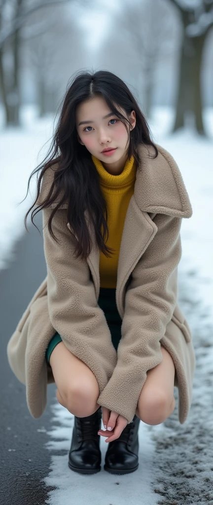(32K:1.9, Highest quality, masterpiece, Ultra-high resolution), Perfect dynamic composition, Highly detailed skin and facial textures:1.3, Detailed eyes, Detailed limbs, Winters, it's snowing:1.2, country road in snowy country:1.2, 1 Japan Girl, Cute and sexy slim 22 year old woman, Fair skin, Tilt your head, ((Laughter:0.9, Totally captivates you:0.9)), (Duffle coat over yellow-green long-sleeved turtleneck sweater:1.4, High Waist Mini Skirt:1.1), ((Ample breasts:0.9)), short boots, (Look forward, Bend your knees and squat), (Beautiful Blue Eyes, Beautiful erotic eyes:0.85), Sexy Face:0.4, (A taste that exudes beautiful eroticism:0.85), ((Too cute beauty:0.9))