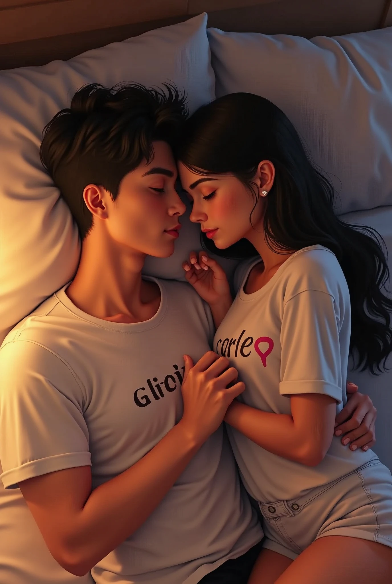 crete real image where A 24 year old boy wears black dress and a 23 year old girl wears white T-shirt and shorts. Lovely is written on the girl's t-shirt and Rupesh is written on the boys t-shirt. Girl sleeping on the boy in bedroom and boy touch girl navel