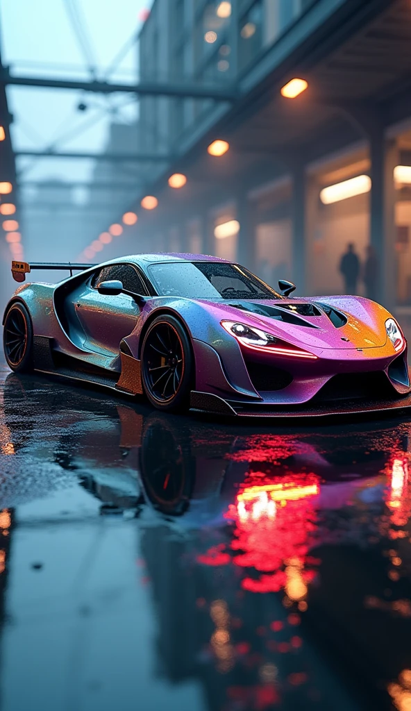 car photo, low-angle shot, panoramic shot, tuned prototype car, multi-colour gradient painting, sports suspension, spoilers, low-profile tyres, neon-lit chassis, powerful sports engine, tinted glass, water on ground, reflection in water, immersive background, advertising car photo