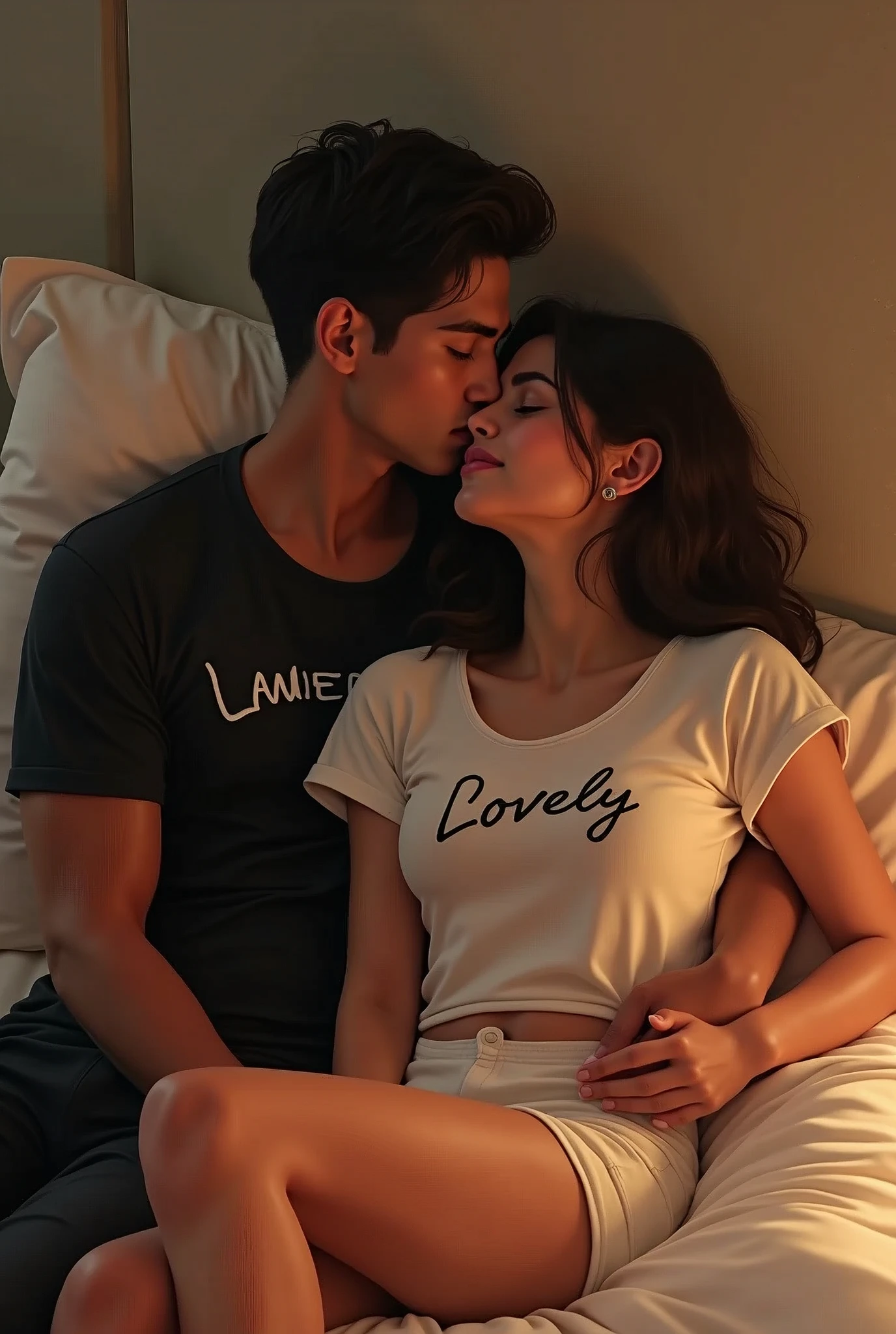 crete real image where A 24 year old boy wears black dress and a 23 year old girl wears white T-shirt and shorts. Lovely is written on the girl's t-shirt and Rupesh is written on the boys t-shirt. Girl sleeping in bedroom and boy kiss girl boobs
