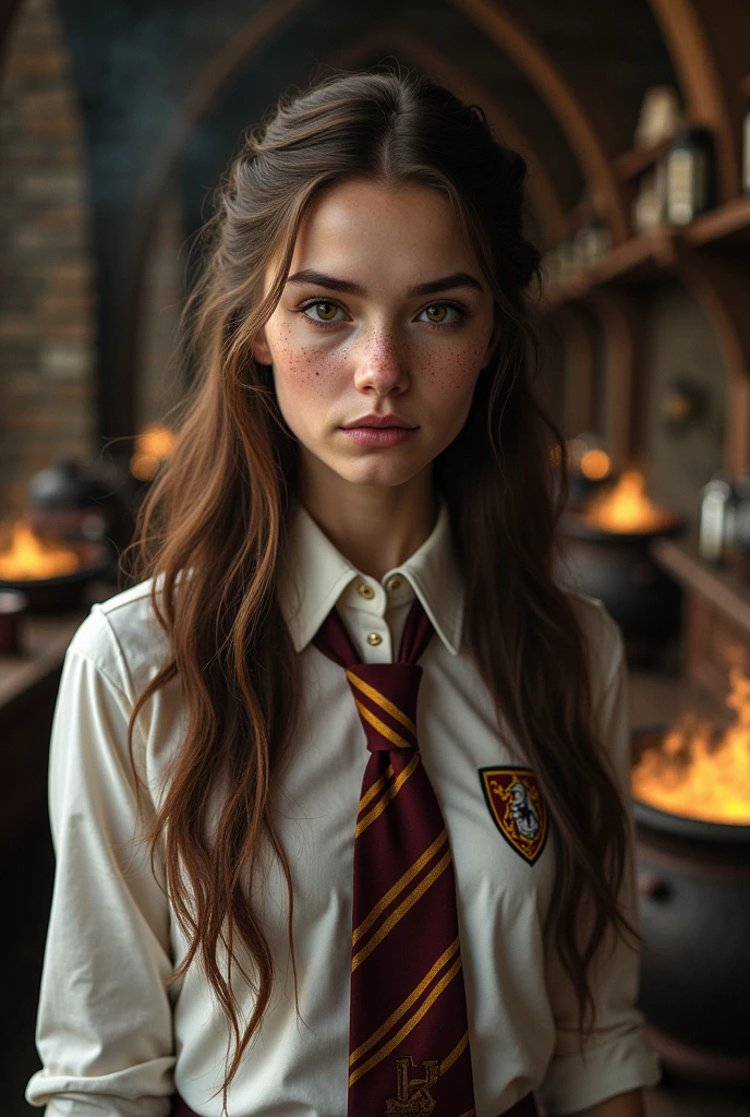 Very pretty 17 year old girl with chestnut brown hair, toffee brown eyes, pale skin, and freckles. Dressed in long-sleeved white button-up shirt and Gryffindor tie. Background of Potions classroom. Realistic detailed lifelike