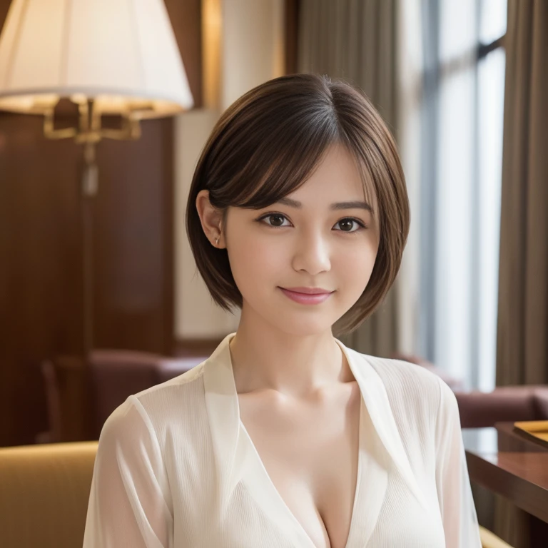 (RAW Photos), (Realistic), (masterpiece), (Highest quality), High resolution, 8k resolution, (Intricate details), (Volumetric Light), Portraiture, woman,, short hair, Straight hair, Layered Hair, Brown haired, Highly detailed eyes, Source Sequence, Very thin eyebrows, Highly detailed skin, Highly detailed mouth, Highly detailed nose, Cute like an idol, smile, ((Thick lips)), ((Look at the viewers)), (Elegant color blouse)、cleavage:1.5、(In a luxury hotel:1.5)、At a luxury villa overseas、super detail face、