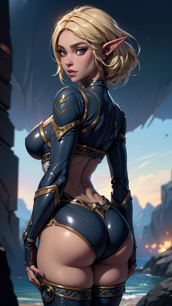 ((masterpiece, best-quality, ultra_detailed)), female elf dressed in latex booty shorts, gorgeous, attractive, african, voluptuous, ample hips, insanelydetailedaccentuatedbigbooty, ((flirty)), looking back at viewer, portrait, photography, detailed skin, Realistic, photorealistic, 8k, highly detailed, full-length frame, HIGH RAW detail color art, piercing, diffused soft lighting, shallow depth of field, sharp focus, shallow depth of field, hyperrealism, cinematic lighting