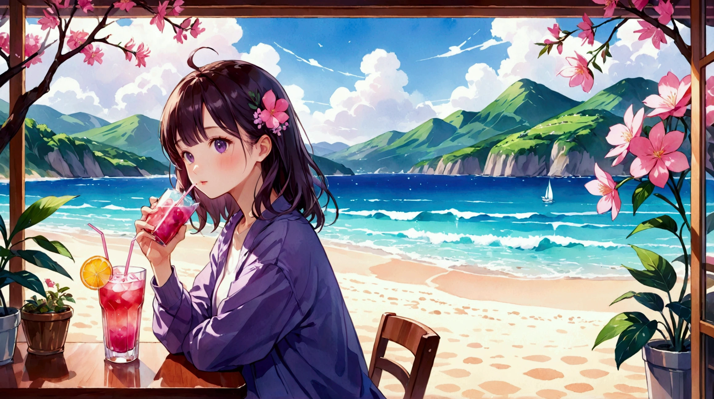 With a straw in a glass、Purple and pink flower drink, 🌺 society, by Oze Kanaoka, Highly detailed watercolor 8k, relaxed and calm atmosphere, Watercolor illustration style, Artgasm, Highly detailed background, Lo-fi art style, Chill Hop, Glossy digital painting, Lofi Color, Official artwork, Delete Character