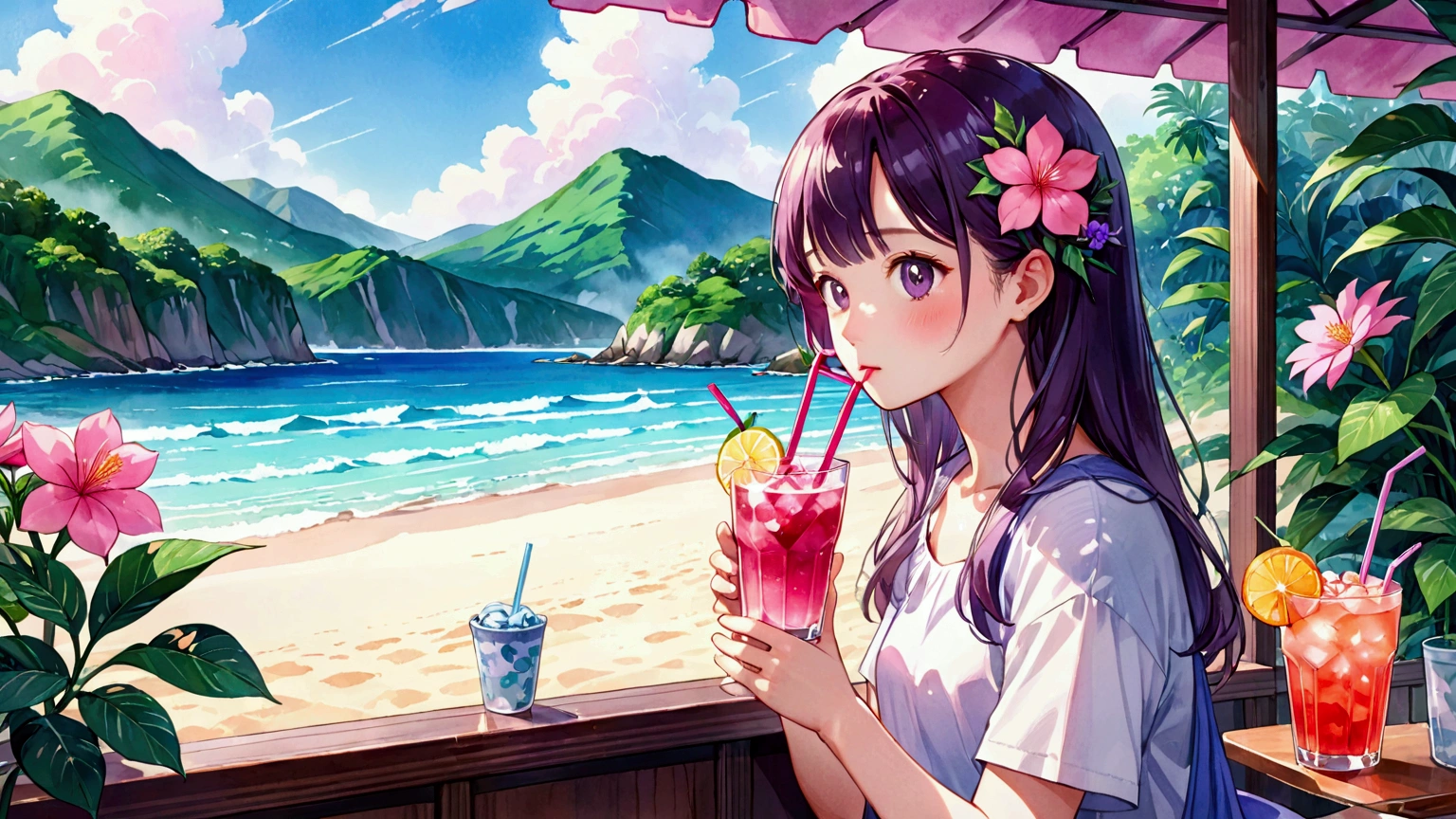 With a straw in a glass、Purple and pink flower drink, 🌺 society, by Oze Kanaoka, Highly detailed watercolor 8k, relaxed and calm atmosphere, Watercolor illustration style, Artgasm, Highly detailed background, Lo-fi art style, Chill Hop, Glossy digital painting, Lofi Color, Official artwork, Delete Character