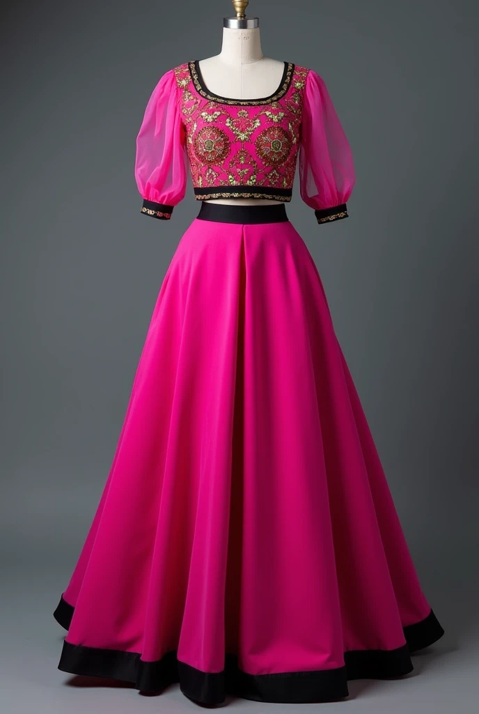A dress pink colour black border and the upper part is like indian kurti with full sleeves puffy net and lower part sharara type with puffy net. Down part is like on thighs it is stick and down it is puffA sharara is a type of traditional Indian garment that is worn by women, particularly in the Indian subcontinent. It is a long, flowing skirt that is typically worn with a matching or contrasting top and dupatta (scarf).
Here are some key characteristics of a sharara:
1. _Long, flowing design_: Shararas are known for their floor-sweeping length and flowing silhouette.
2. _Flared shape_: The skirt flares out from the waist, creating a beautiful, flowing shape.
3. _Embroidery and embellishments_: Shararas are often adorned with intricate embroidery, sequins, and other embellishments that add to their beauty.
4. _Comfortable and elegant_: Shararas are designed to be both comfortable and elegant, making them suitable for various occasions.
5. _Cultural significance_: Shararas hold cultural and historical significance in India and are often worn during traditional festivals and celebrations.
Shararas are available in various fabrics, colors, and designs, making them a versatile and stylish addition to any wardrobe. They can be dressed up or down and are suitable for formal and informal events alike.
It is 2 piece