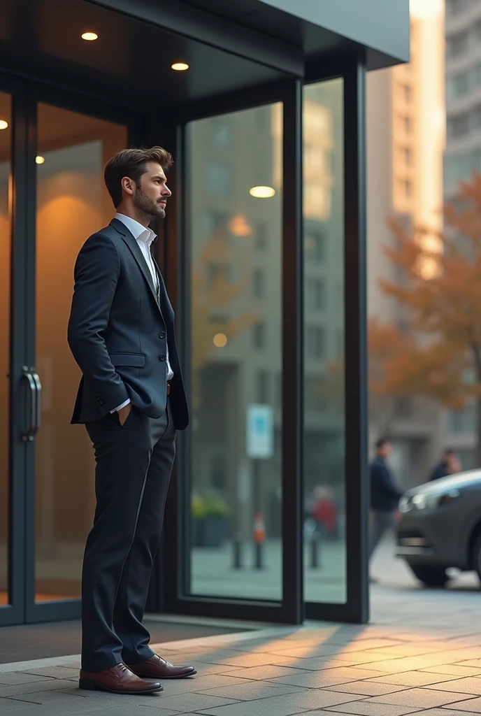 Man waiting for his girlfriend waiting outside of her office thinking about her