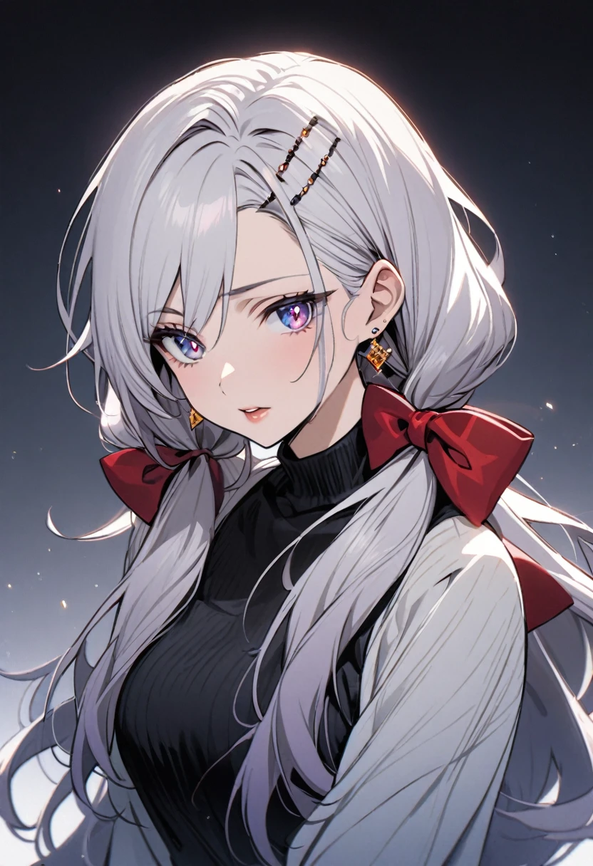 girl, mature, white hair, diamond earings, long hair, low twin tails, red bow on hair, two color eyes, one blue eye, one purple eye, adult