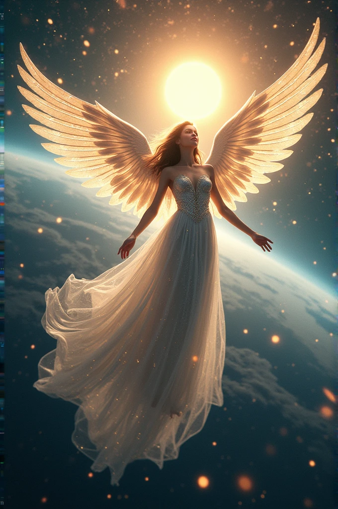 Angel wih a silver dress riding the earth around the sun