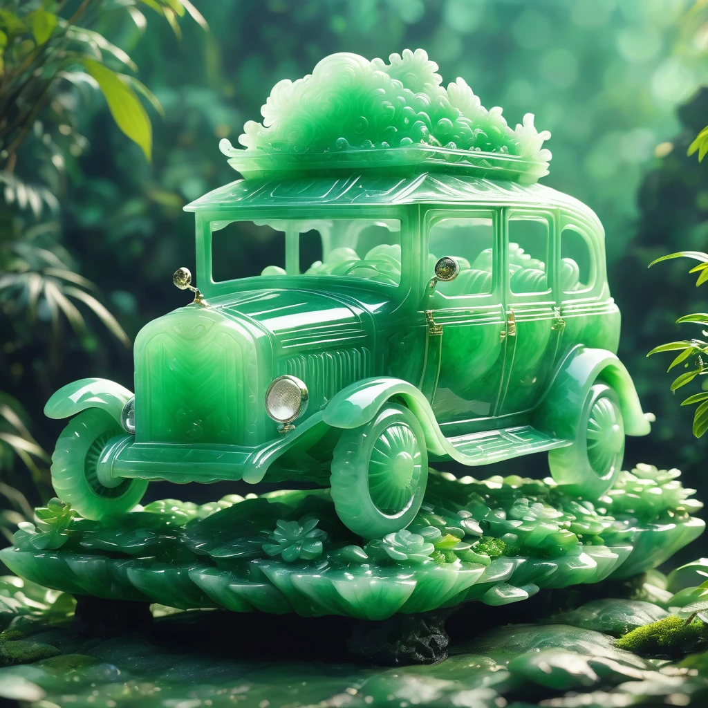 best quality, very good, 16K, ridiculous, Very detailed, Giant glowing car,Made of translucent jadeite, Background mountain top((A masterpiece full of fantasy elements))), ((best quality)), ((Intricate details))(8K)