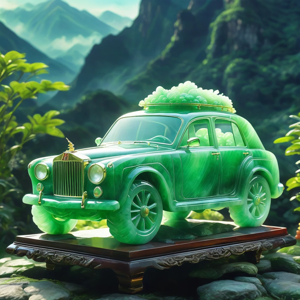 best quality, very good, 16K, ridiculous, Very detailed, Giant glowing car,Made of translucent jadeite, Background mountain top((A masterpiece full of fantasy elements))), ((best quality)), ((Intricate details))(8K)