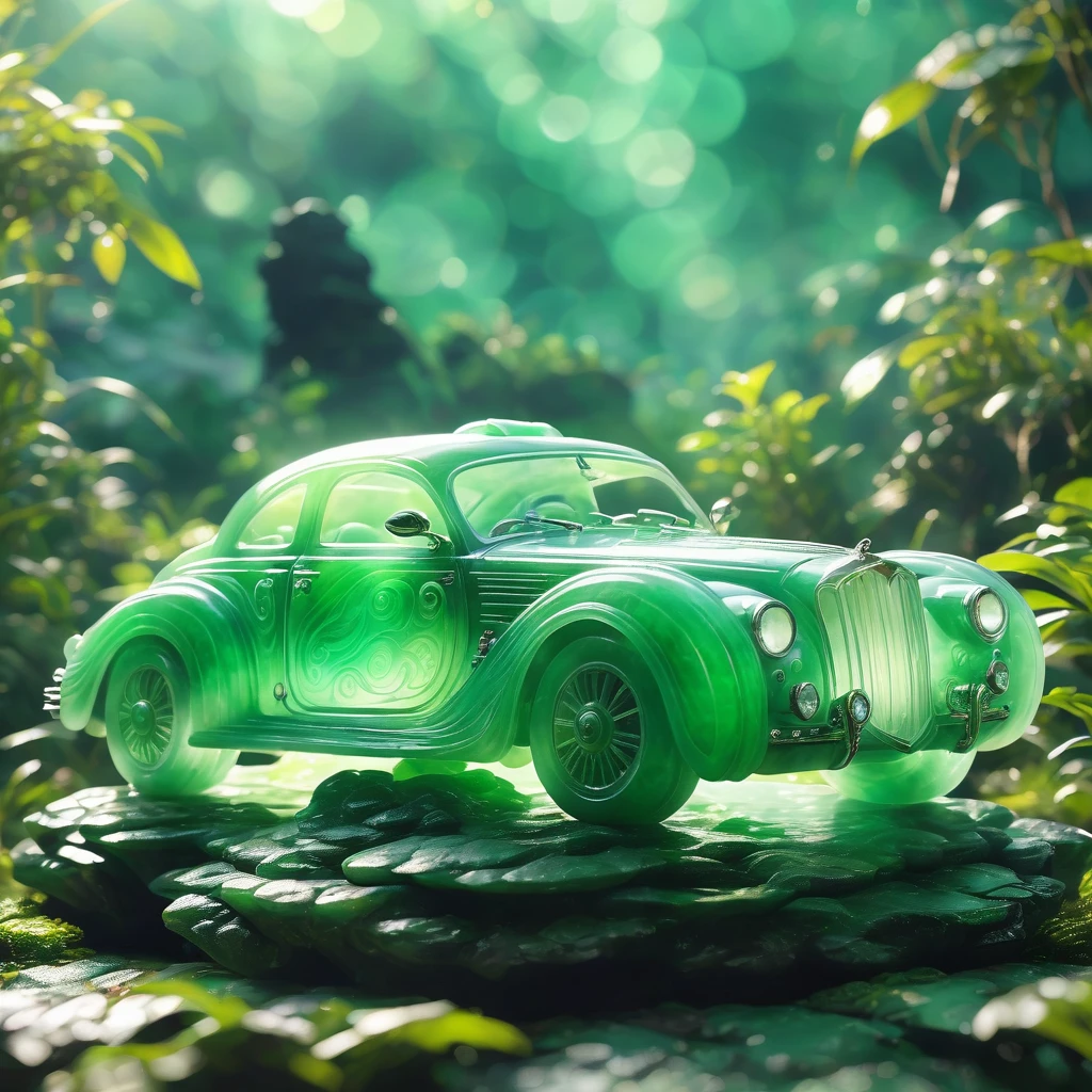 best quality, very good, 16K, ridiculous, Very detailed, Giant glowing car,Made of translucent jadeite, Background mountain top((A masterpiece full of fantasy elements))), ((best quality)), ((Intricate details))(8K)