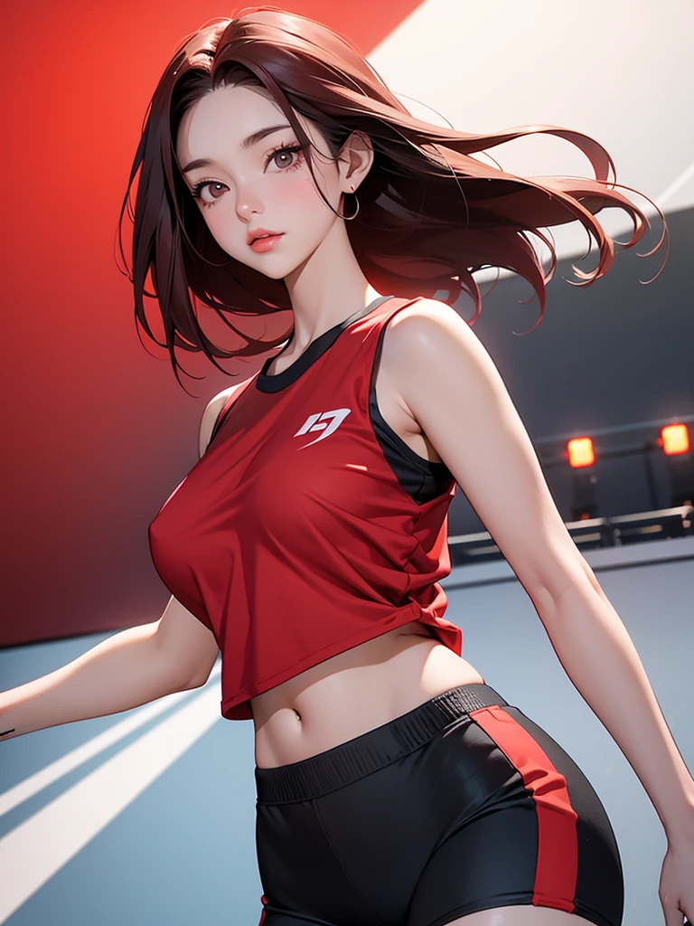 A fit young woman in her 20s. wearing a red sports top and black cycling shorts. She has shoulder-length straight red hair. no background. on the stage. 카메라를 바라본다
huge boobs. she is walking 