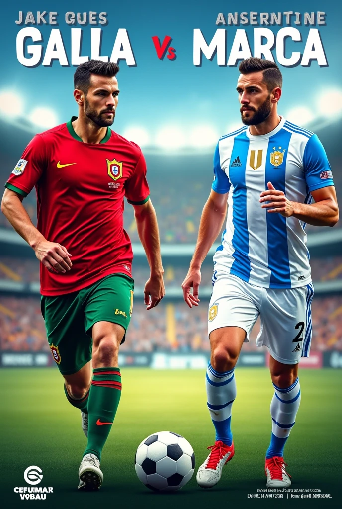 Affiche publicitaire  en français annoncant un  match de galla 
Détail figurant sur l’affiche 
Équipe : portugal et argentine 
Heure :10h30
Stade : stade du marché 
Lieu : biyem-assi
