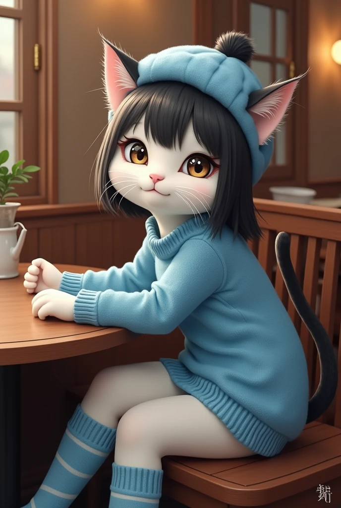 A young female cat, has white fur, black haired, Wear a blue hat., wearing a blue sweater, wearing long blue socks, sitting at a restaurant,