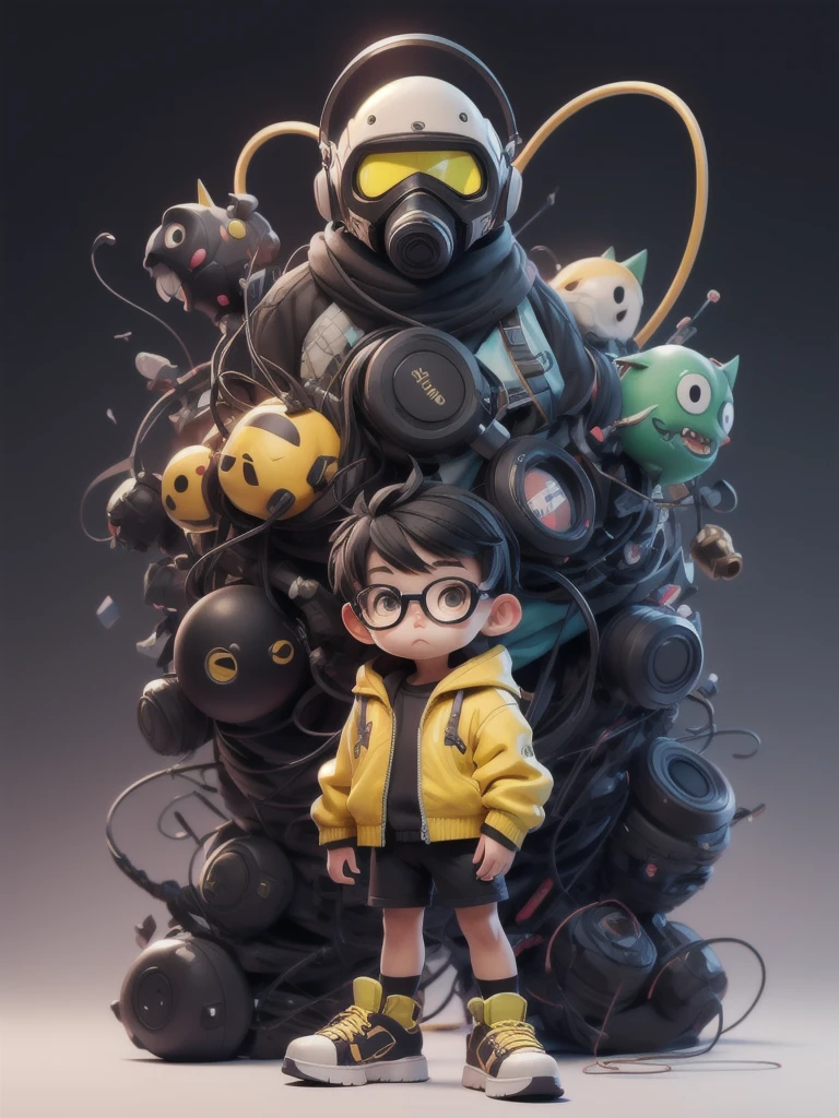 BJ_monster,一人in,Looking_in_Audience,green_eye,Simple_background,shirt,black_black短いhair,One person,black、Glasses、blackhair,Are standing,赤Jacket,full_body,male_concentrated,Multicolor_blackhair,shoes,Shorts,mask,black_Shorts,ring,spike_hair,black_background,cigarette,cable,yellow_Jacket,male_child,gas_mask,tube,respirinor,cineminic lighting,Strong contrast,High level of detail,Highest quality,masterpiece,White background,((blackメガネ))、Monkey mark、background爆弾