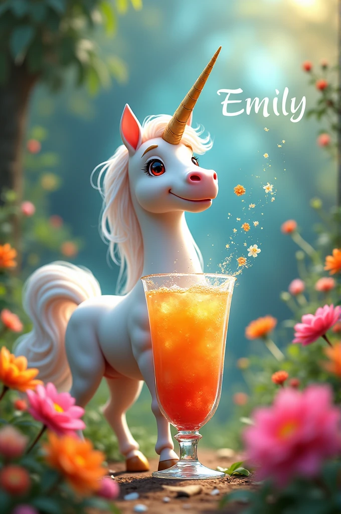 Unicorn drinks with the word emily with a background of flowers of many colors