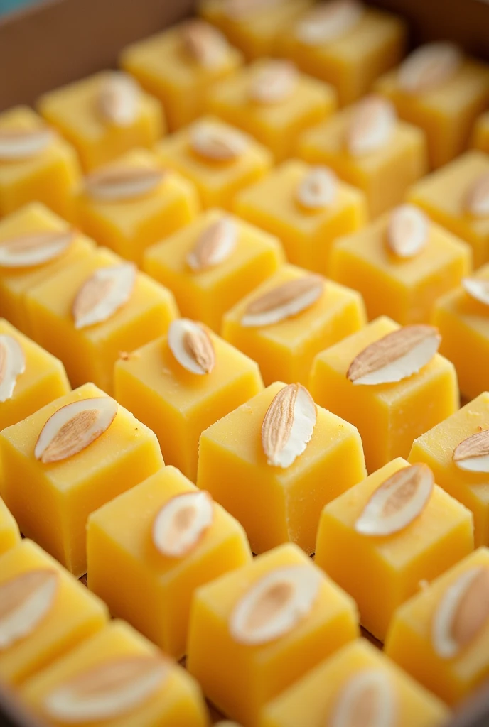 Badam khoya burfi with badam sliced on it in square shape but less height all pieces adjacent and joined to each other zoomed out image in a tray in a shop. Same length and width from top and bottom like a cube but height is half the length. Make the height of the product dimensions minimal. It should be light yellow color and minimal height(1/3 of the product). It should be in big tray. Badam should be with the peels
Minimal badam