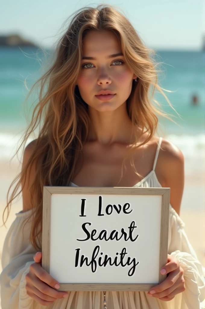 Beautiful girl with wavy long hair, bohemian dress, holding a white board with text "I Love Seaart Infinity" and showing it to the viewer
