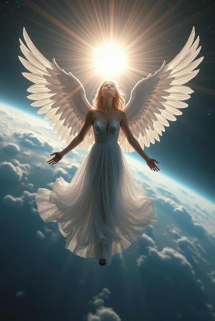 Angel wih a silver dress riding the earth around the sun