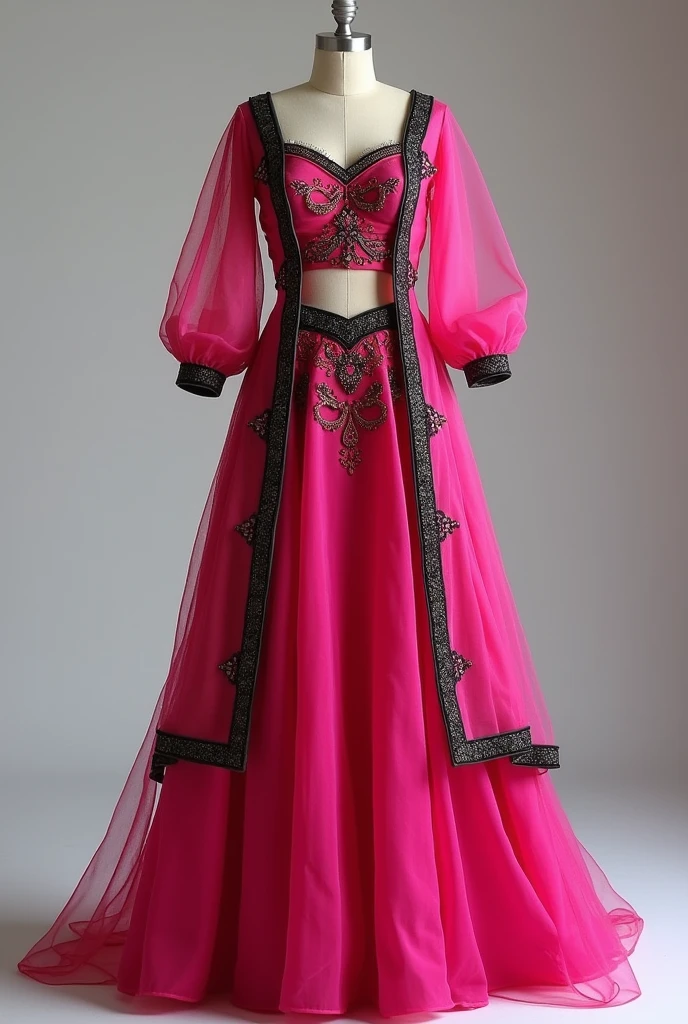 A dress pink colour black border and the upper part is like indian kurti with full sleeves puffy net and lower part sharara type with puffy net. Down part is like on thighs it is stick and down it is puffA sharara is a type of traditional Indian garment that is worn by women, particularly in the Indian subcontinent. It is a long, flowing skirt that is typically worn with a matching or contrasting top and dupatta (scarf).
Here are some key characteristics of a sharara:
1. _Long, flowing design_: Shararas are known for their floor-sweeping length and flowing silhouette.
2. _Flared shape_: The skirt flares out from the waist, creating a beautiful, flowing shape.
3. _Embroidery and embellishments_: Shararas are often adorned with intricate embroidery, sequins, and other embellishments that add to their beauty.
4. _Comfortable and elegant_: Shararas are designed to be both comfortable and elegant, making them suitable for various occasions.
5. _Cultural significance_: Shararas hold cultural and historical significance in India and are often worn during traditional festivals and celebrations.
Shararas are available in various fabrics, colors, and designs, making them a versatile and stylish addition to any wardrobe. They can be dressed up or down and are suitable for formal and informal events alike.
It is 2 piece full sleeves and flared bottom