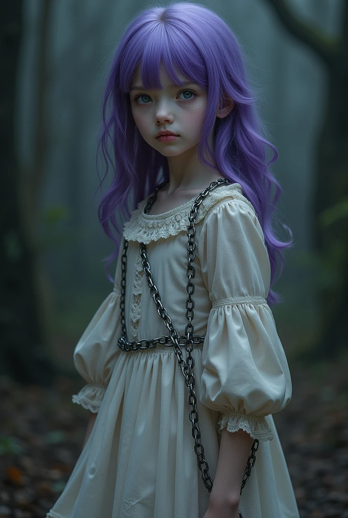 A girl with purple hair and eyes, a fringe on her forehead, wearing an old-fashioned dress with chains attaching at each end, and other unknown hands holding the chains.