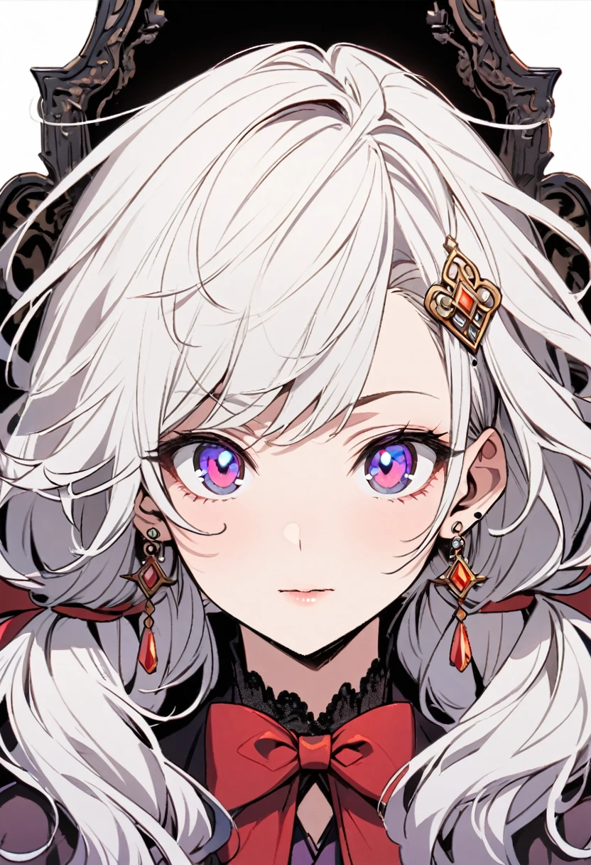 girl, mature, white hair, diamond earings, long hair, low twin tails, red bow on hair, two color eyes, one blue eye, one purple eye, adult. front face