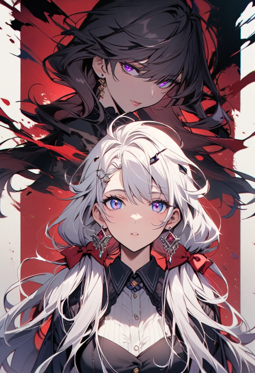 girl, mature, white hair, diamond earings, long hair, low twin tails, red bow on hair, two color eyes, one blue eye, one purple eye, adult. front face