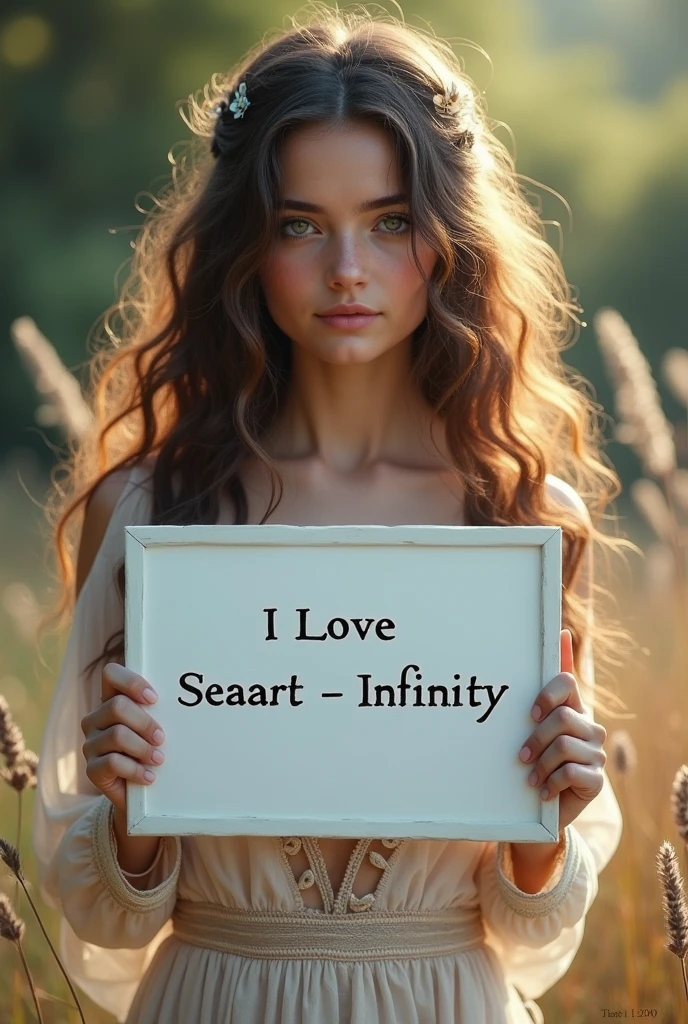 Beautiful girl with wavy long hair, bohemian dress, holding a white board with text "I Love Seaart Infinity" and showing it to the viewer