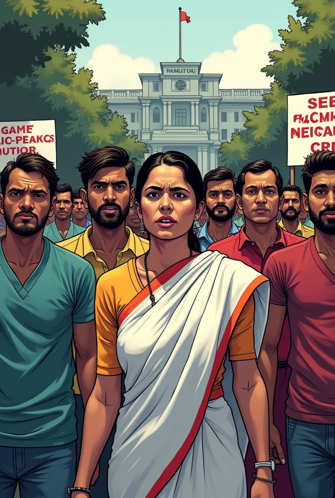 Generate a comic showing Mamta Banerjee and the protest going on against the government of West Bengal for rape and murder of doctor in RG kar medical College and hospital