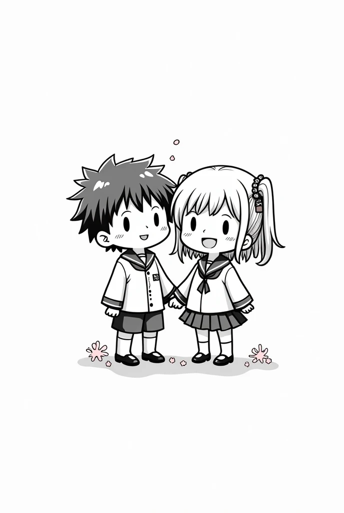 Black and white manga anime style drawing of healthy coexistence , traditional art
Two Japanese school children chibi illustrations 